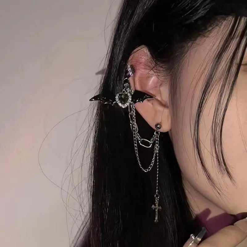Dark Demon Wings Cross Chain Stud Earring