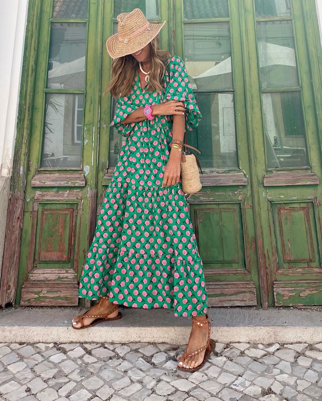 Floral Print V-Neck Puff Sleeve Tiered Midi Dress 5