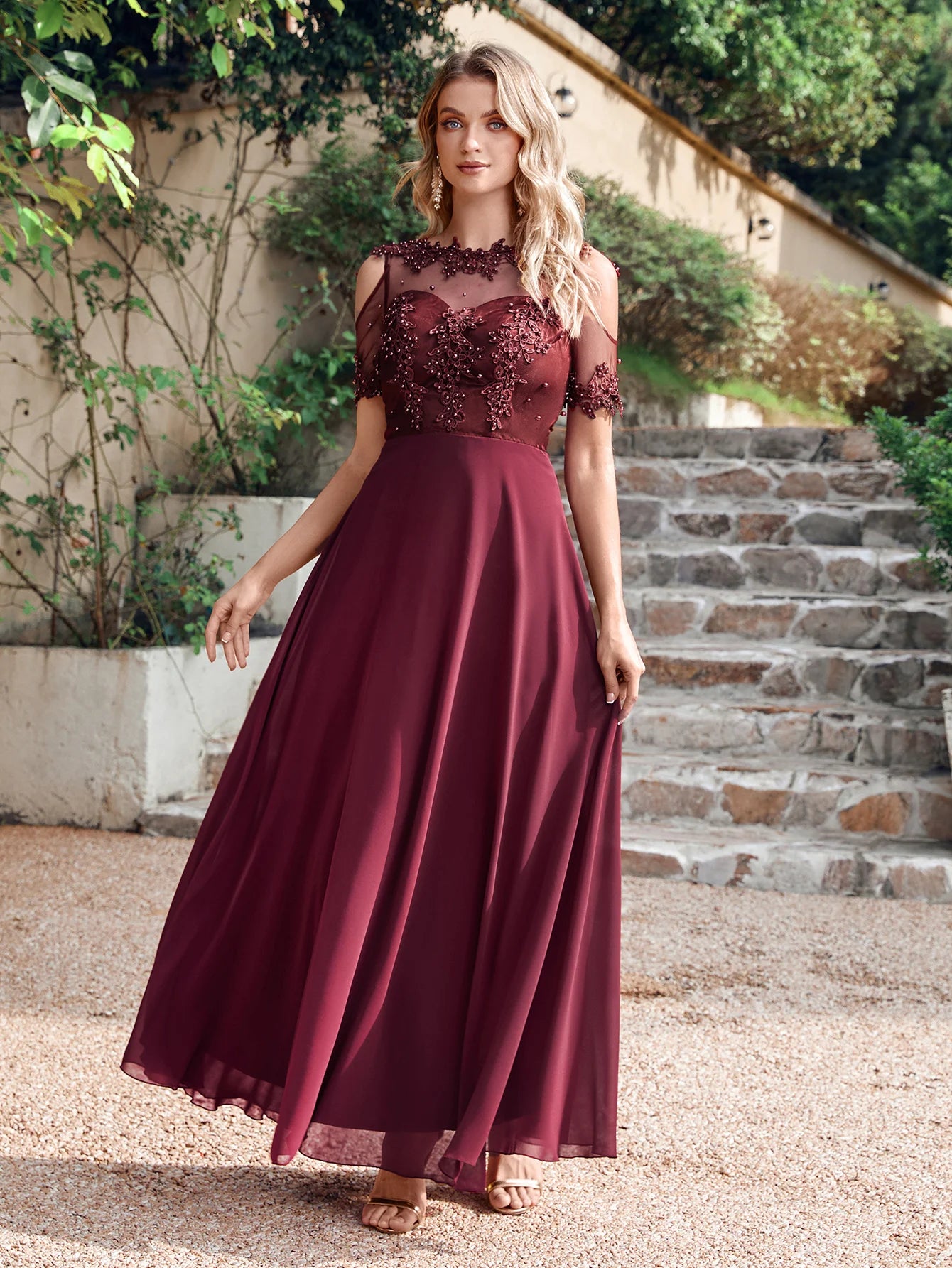 Burgundy A-Line Evening Dress with Illusion Lace Detail - Fashionpara
