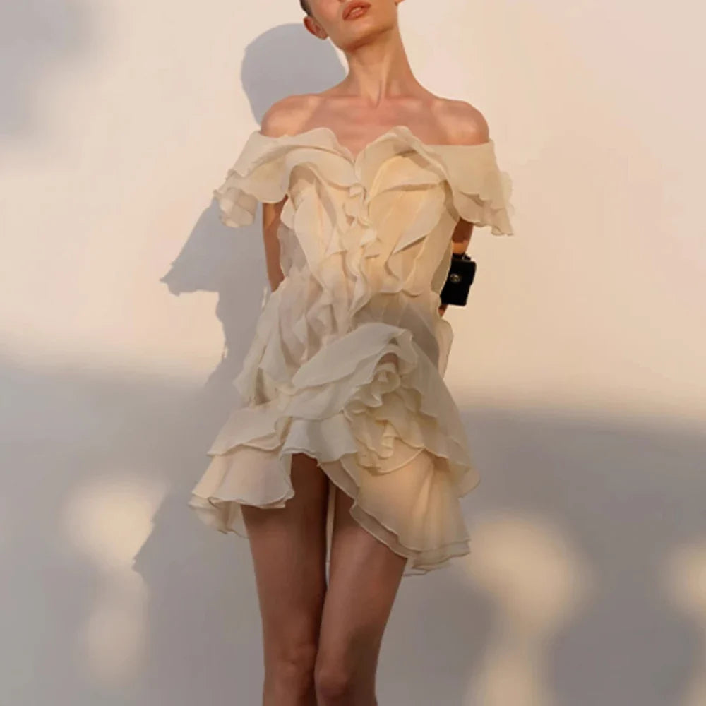 Slash Neck Ruffle Spliced Floral Dress