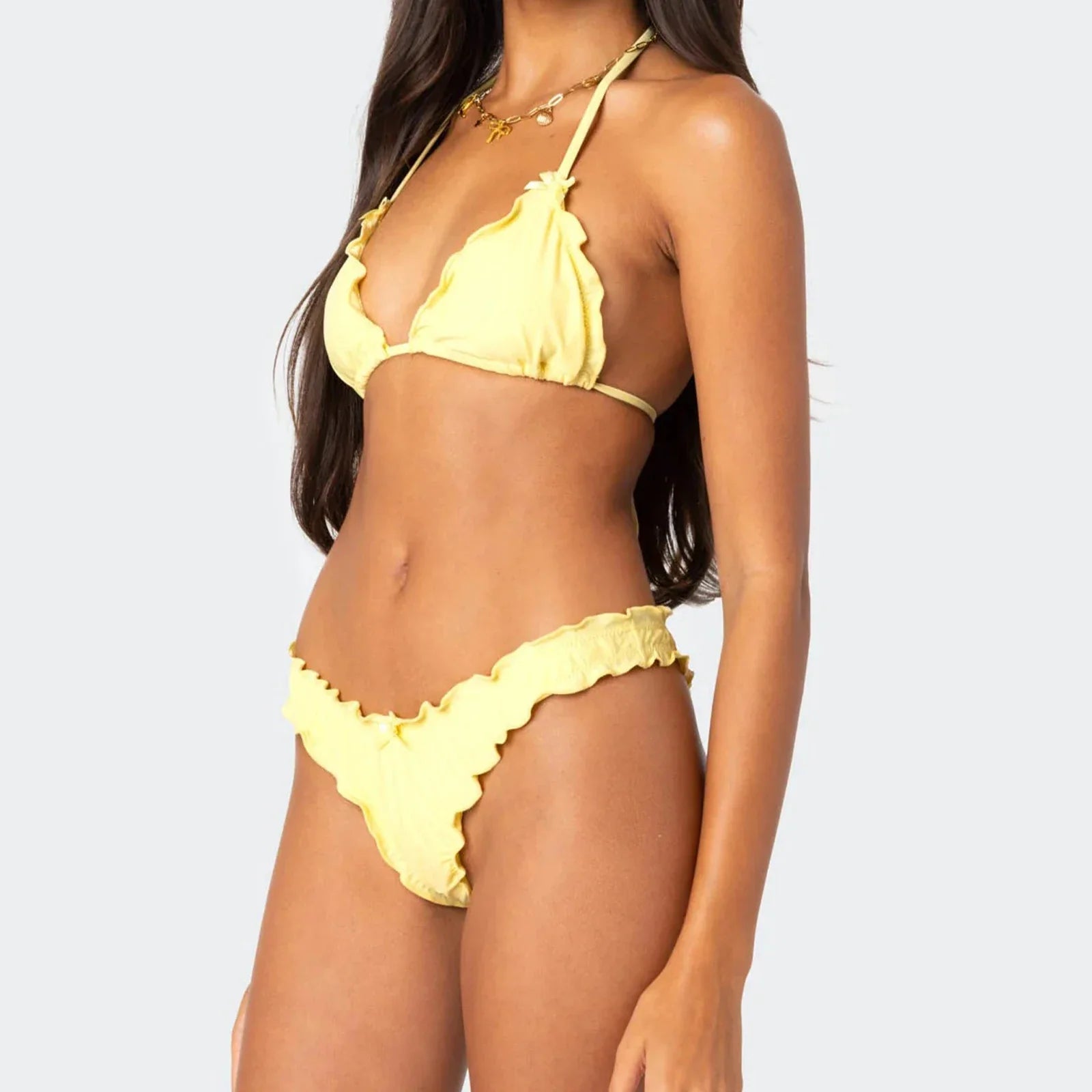 Solid Color Lettuce Trim Bikini Set - Fashionpara