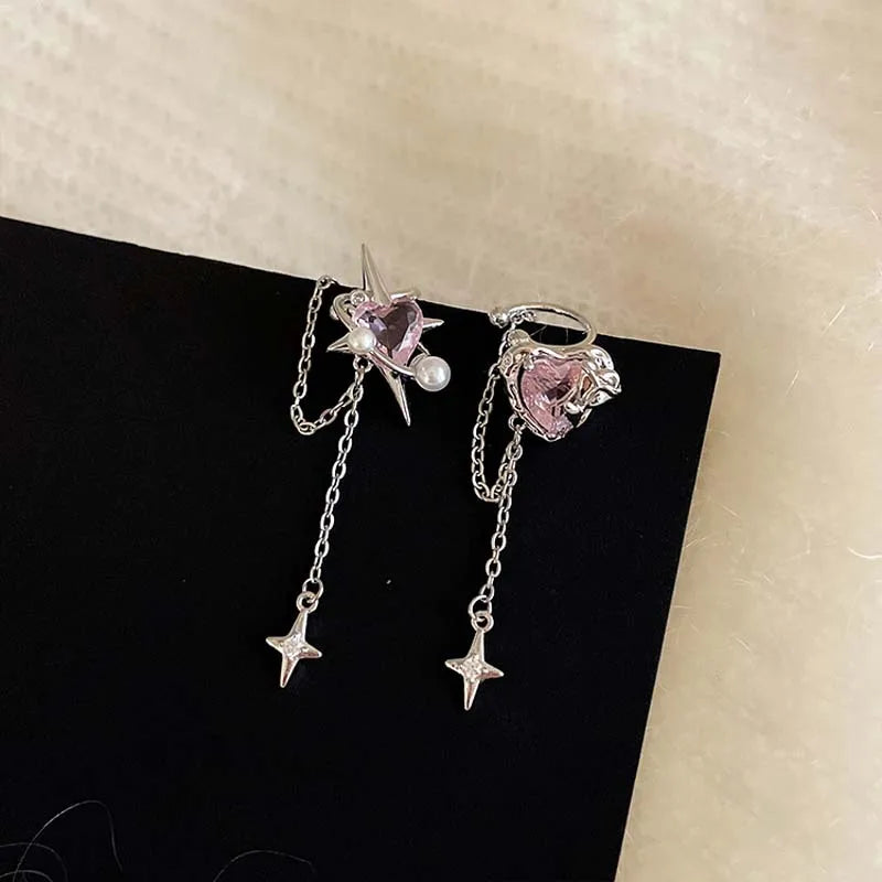 Rose Quartz Heart Celestial Fringe Clip Earring