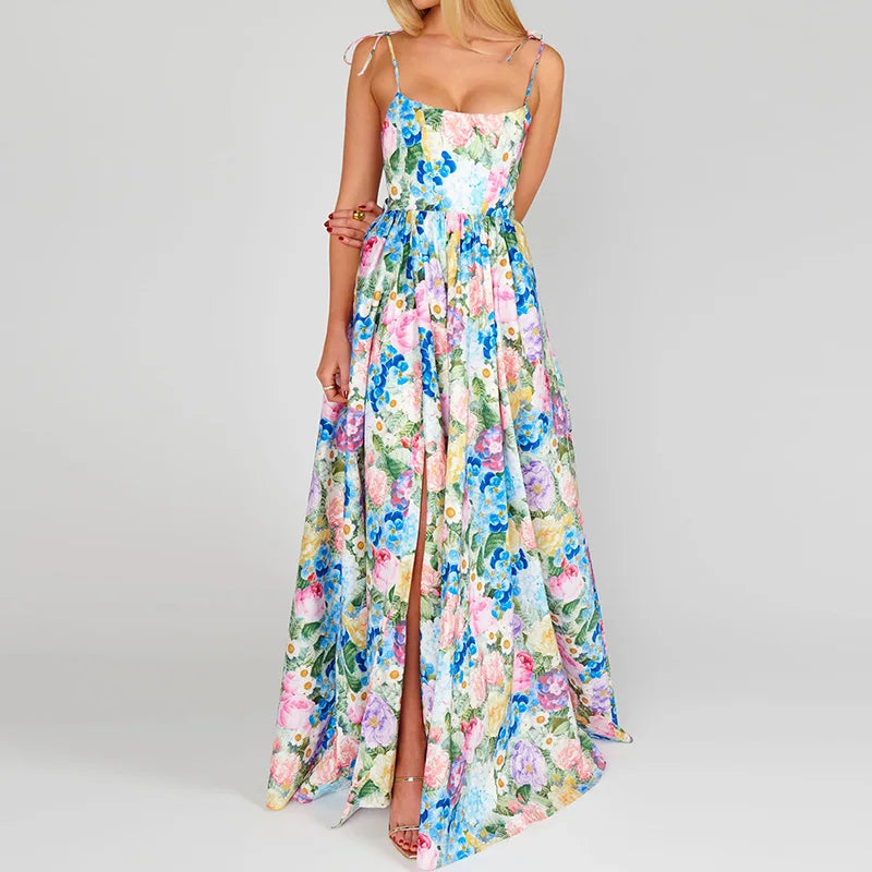 Elegant Floral Print Off-Shoulder Pleated Gown for Women