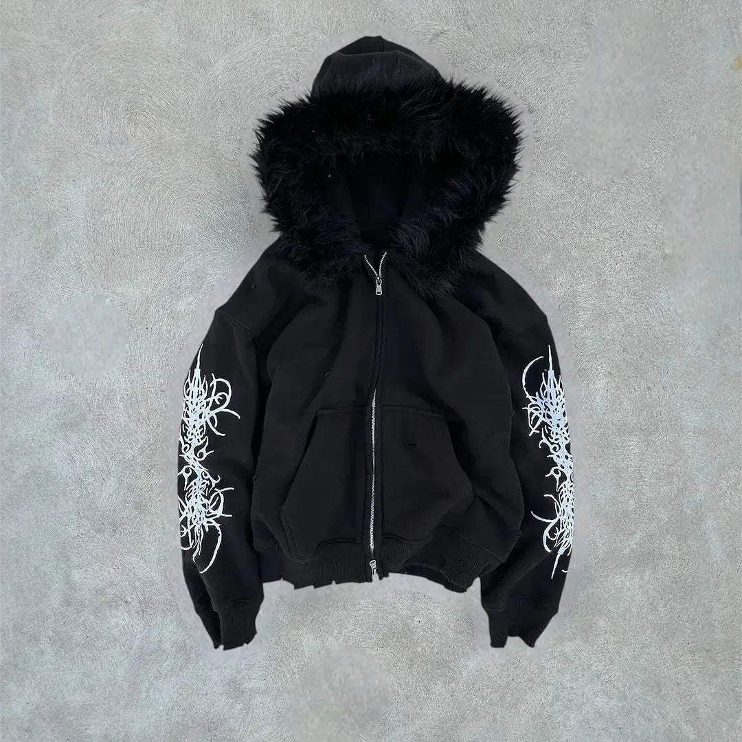 Dark Plush Furry Zip Hoodie