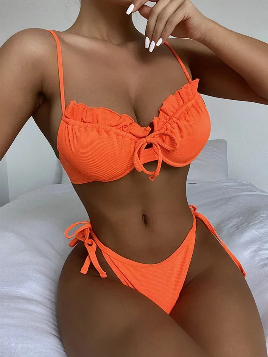 Ribbed Underwired Ruffled Frill Bikini Set - Fashionpara