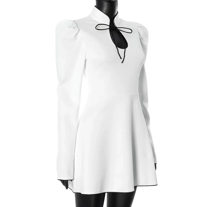 Stand Collar Keyhole Cut Out Puff Sleeve A-Line Mini Dress - View 3