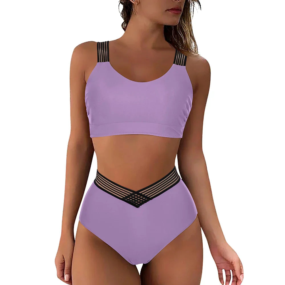 Hollow Solid Color High Waist Two Piece Set