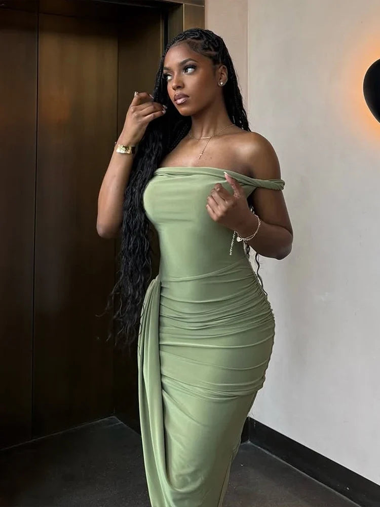 Ruched Off Shoulder Slim Midi Dress