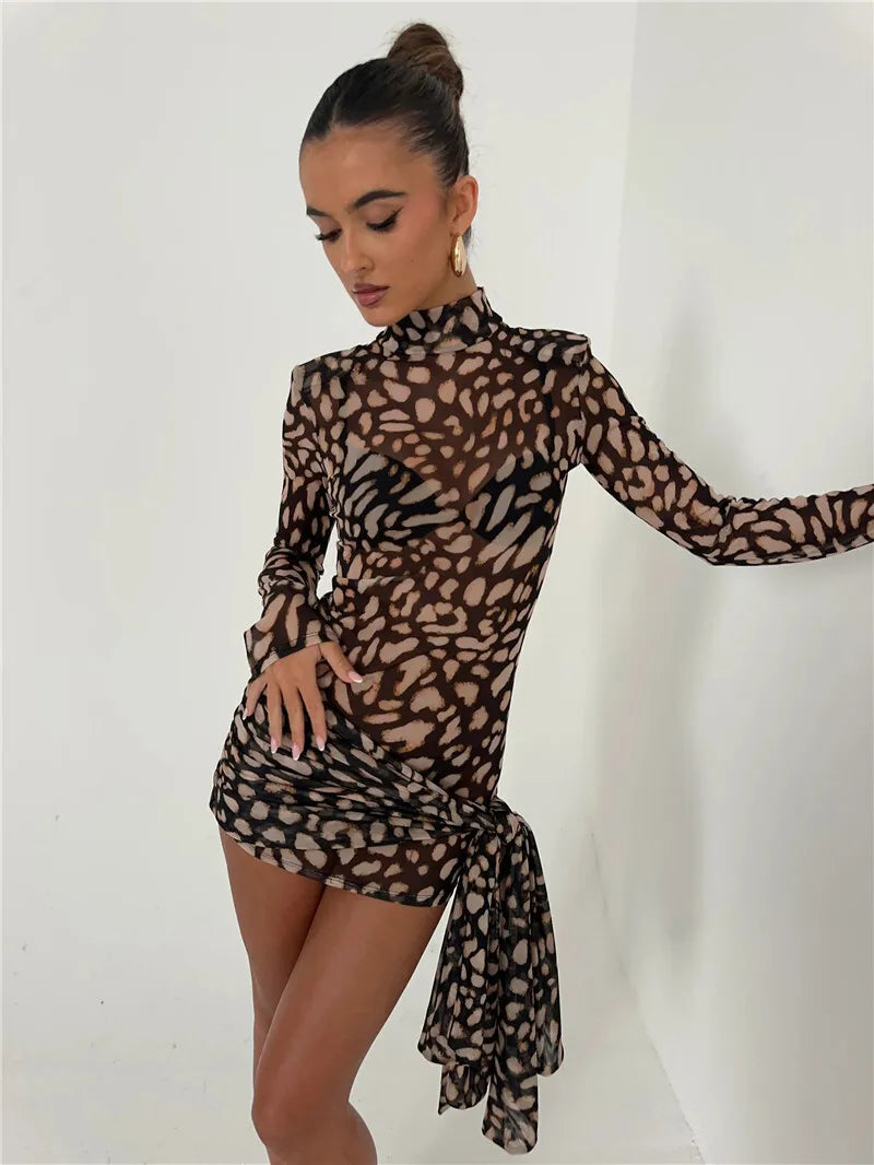 Mesh Leopard Print Turtleneck Mini Dress - View 4