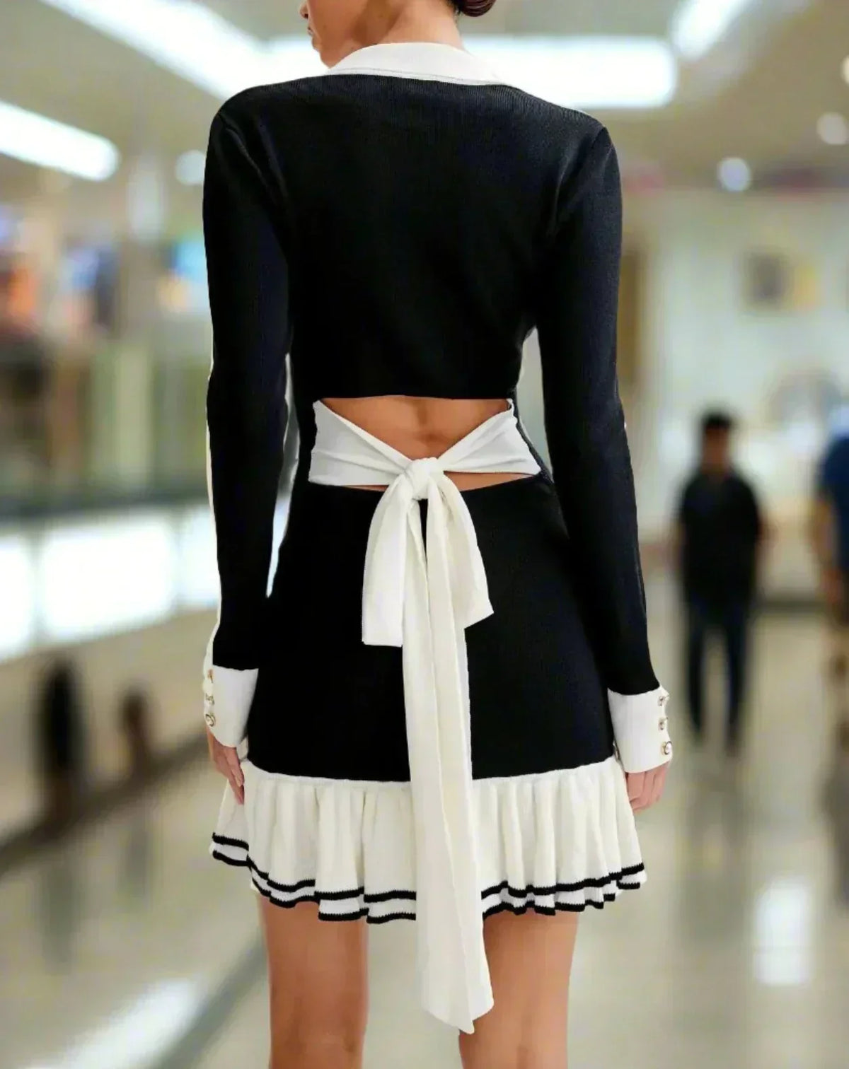 Ruffled Contrast Bow Open Back Lace - Up Knit Mini Dress - View 11