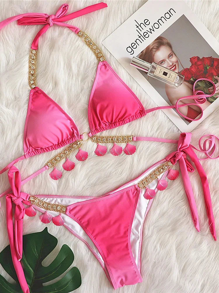 Metal Chains Wrap Around Bikini Set