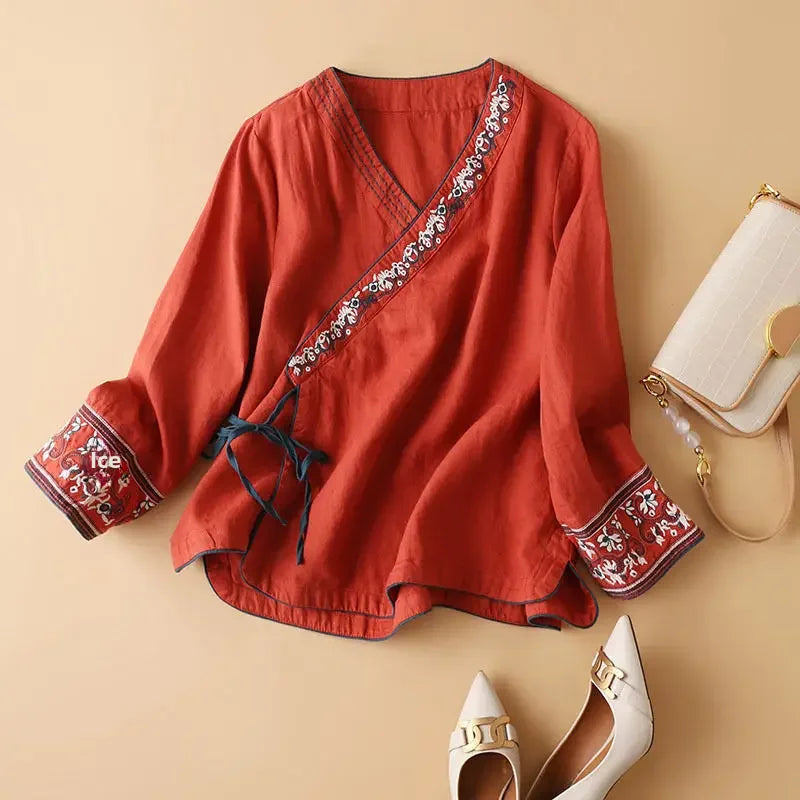 Embroidered Trim V-Neck Long Sleeve Wrap Blouse 27