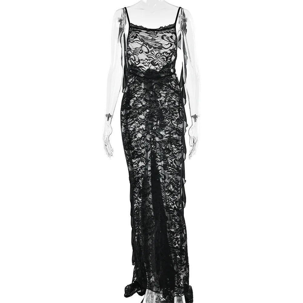 Lace Patchwork Backless Trailing Long Dress - View 16