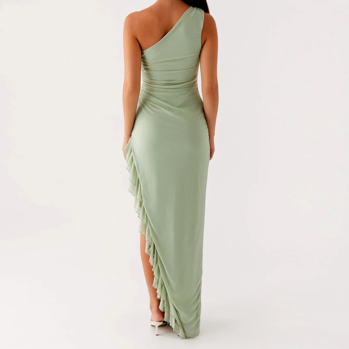 One-Shoulder Ruched Ruffle High-Slit Maxi Gown 2