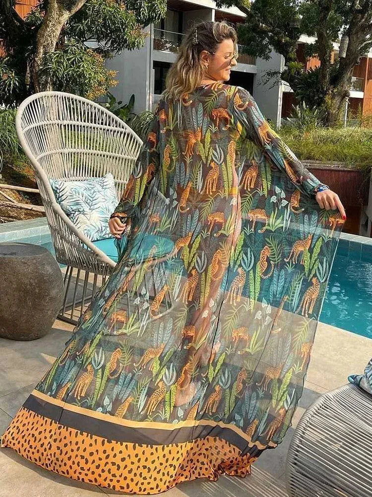 Leaf Print Mesh Beach Cover Up
