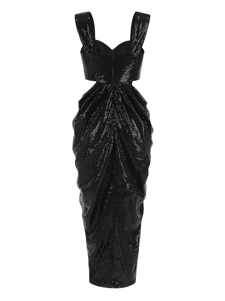 Sequin Square Neck Cut Out Ruched High Split Midi Dress - View 6