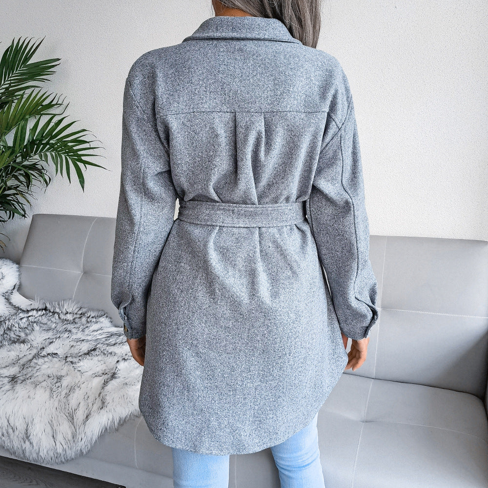 Luxe Wool Coat with Turn Down Collar and Lace Up Design