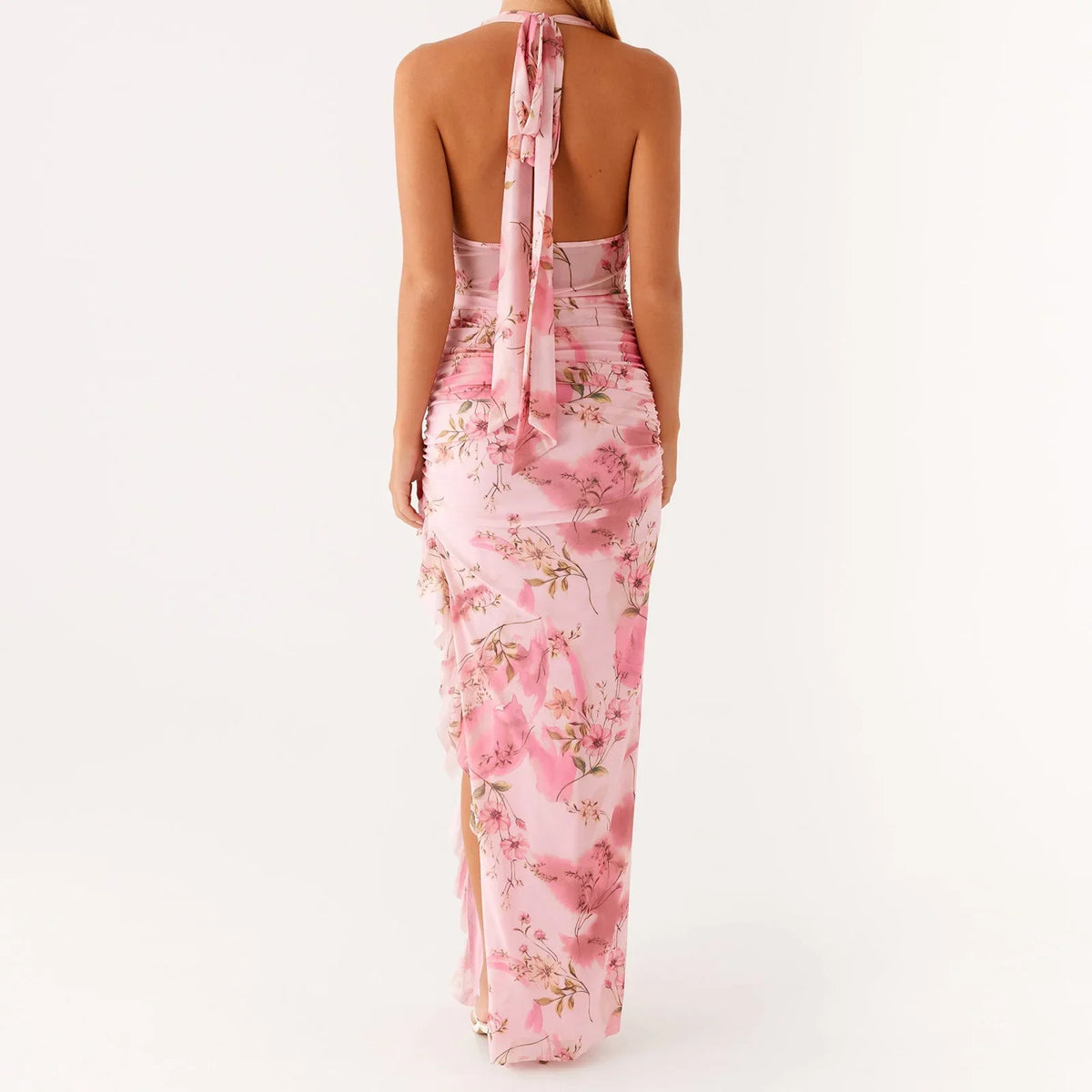 Floral Print Halter Neck Ruched Ruffle Maxi Dress 5