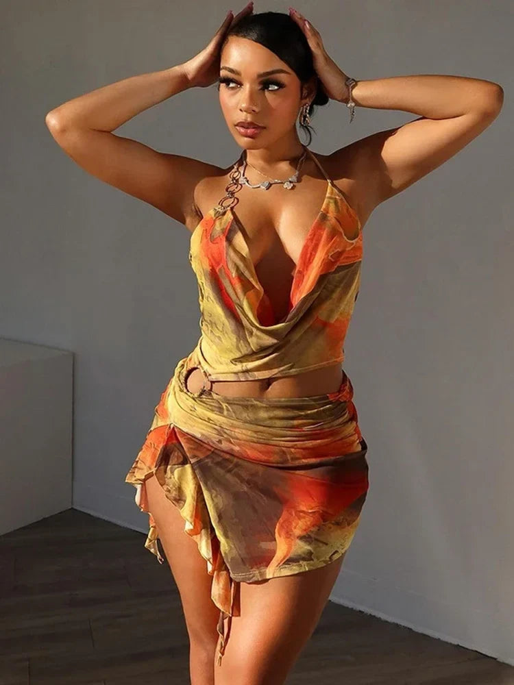 Abstract Print Halter Neck Ruffle Skirt Two-Piece Set