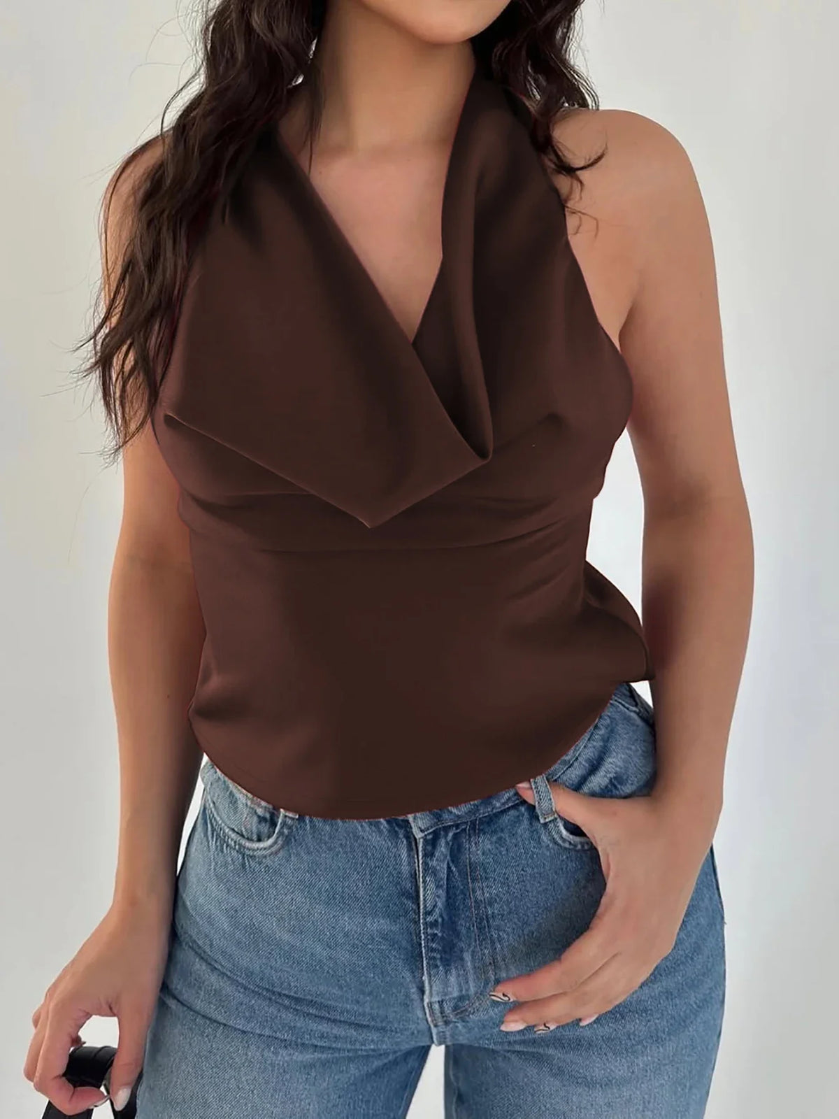 Halter Lace Up Ruched Solid Cami Top