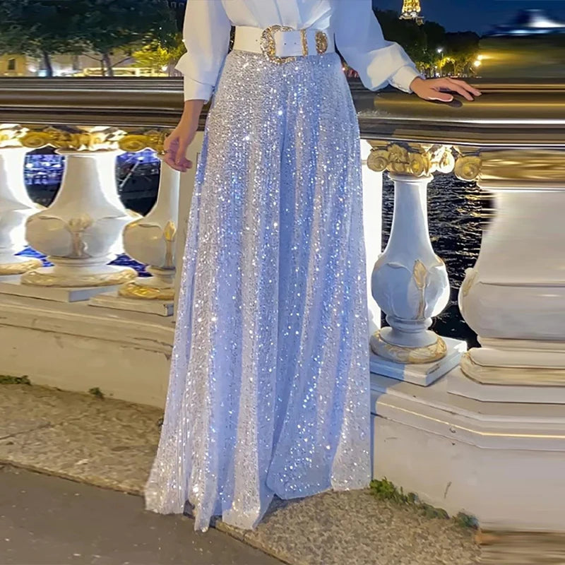 Elegant Sequin Wide Leg Pants and V-Neck Blouse Set