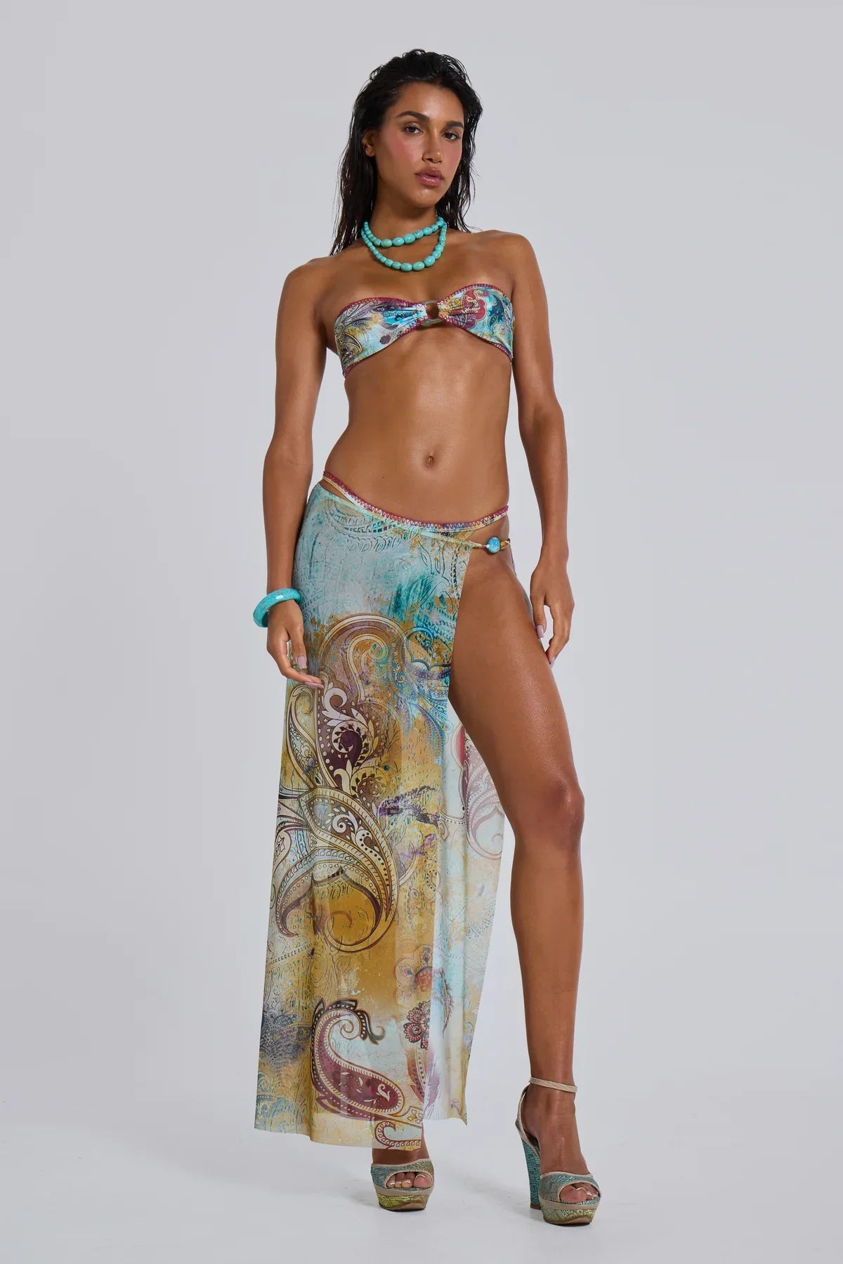 Long Skirt Bikini with Tassels Three Piece Swimsuit