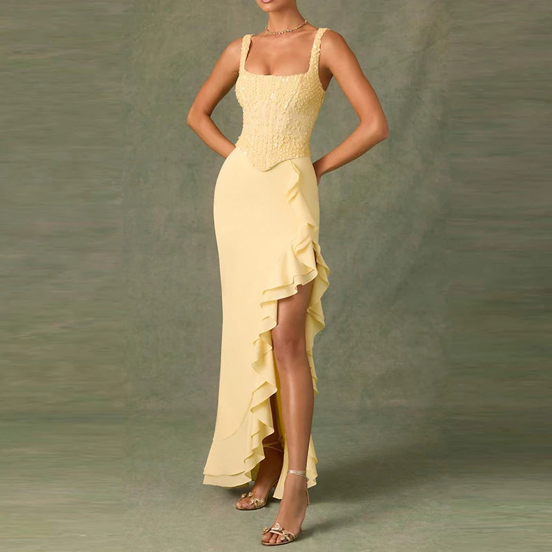 Fashionpara Elegant Backless Sequin Ruffle Party Dress