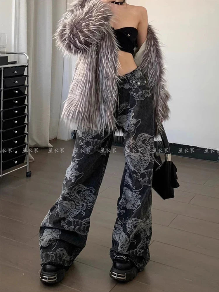 Dark Medieval Dragon Print Loose Trousers