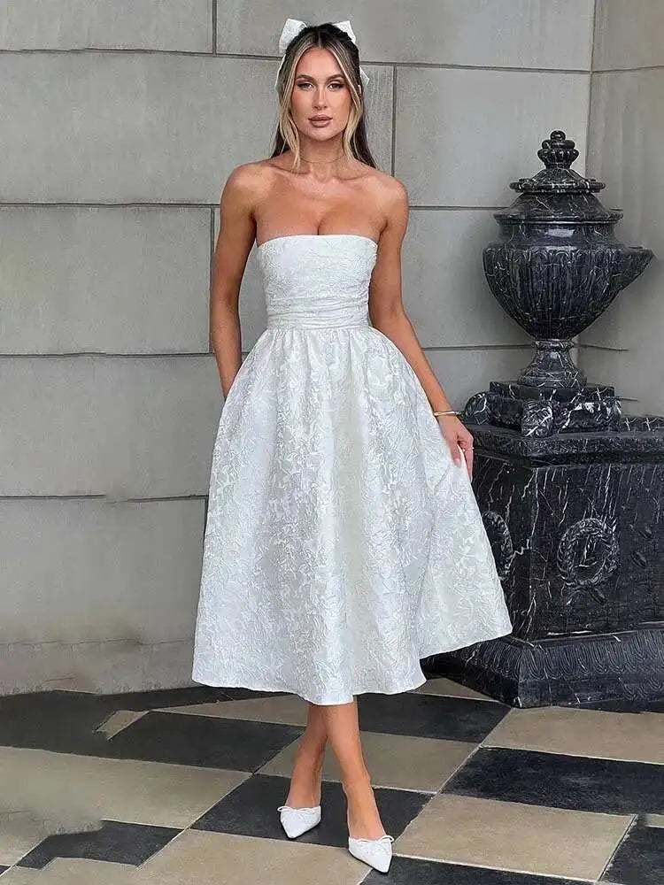 Floral Jacquard Strapless Pleated A-Line Midi Dress 5