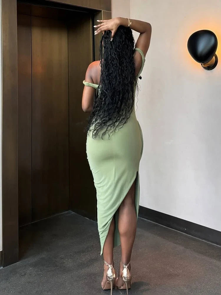Ruched Off Shoulder Slim Midi Dress