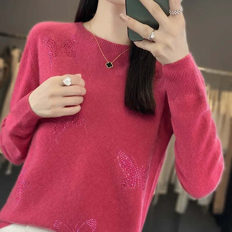 Crew Neck Butterfly Embellished Knit Sweater 9