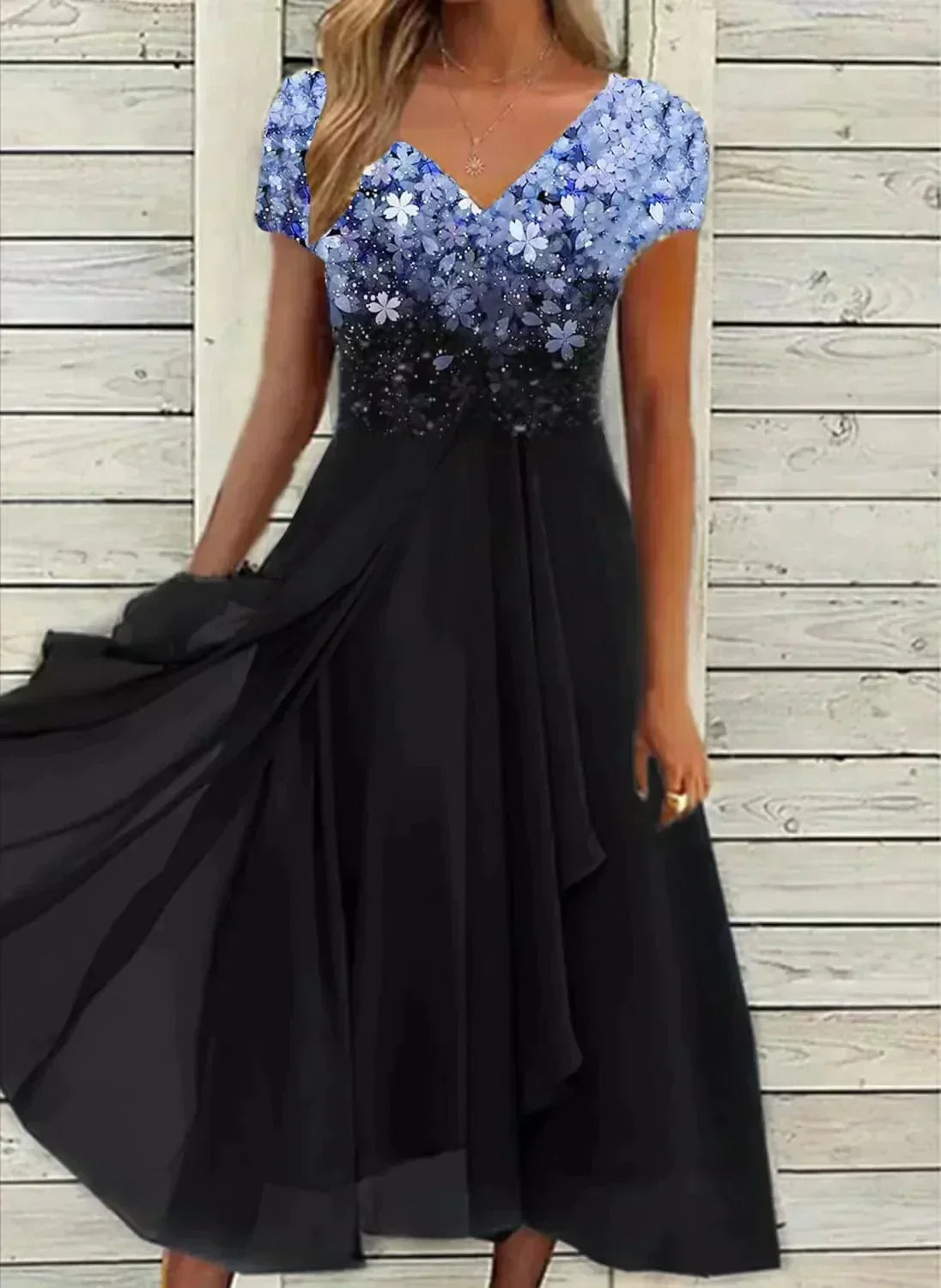 V-Neck Cap Sleeve Tiered Chiffon Handkerchief Hem Maxi Dress