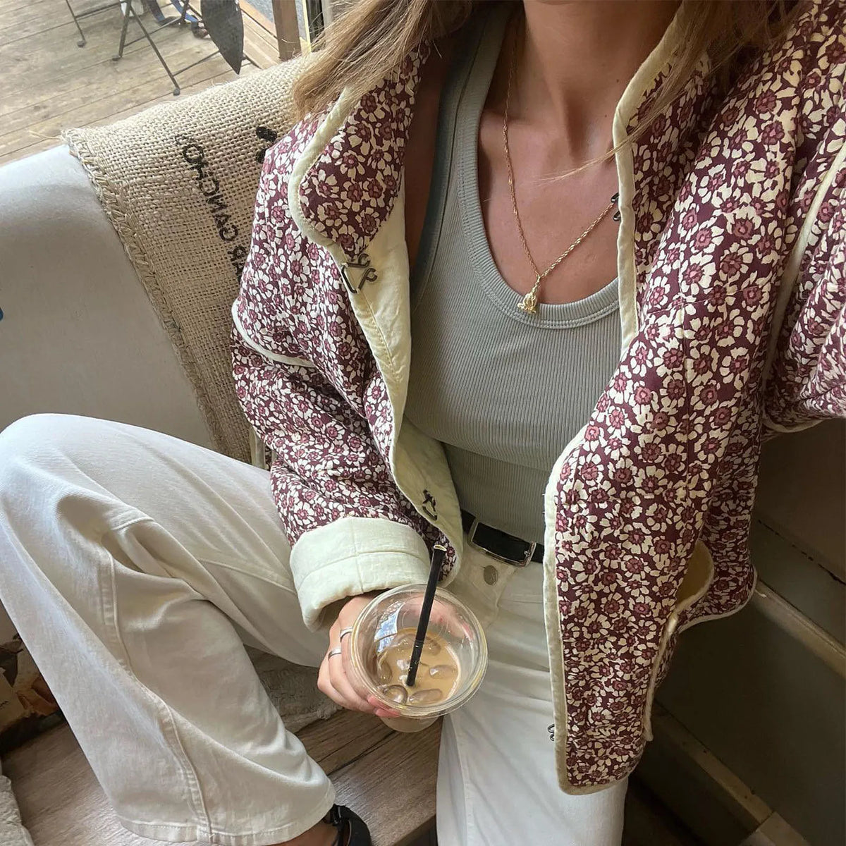 Floral Print Quilted Stand Collar Cardigan