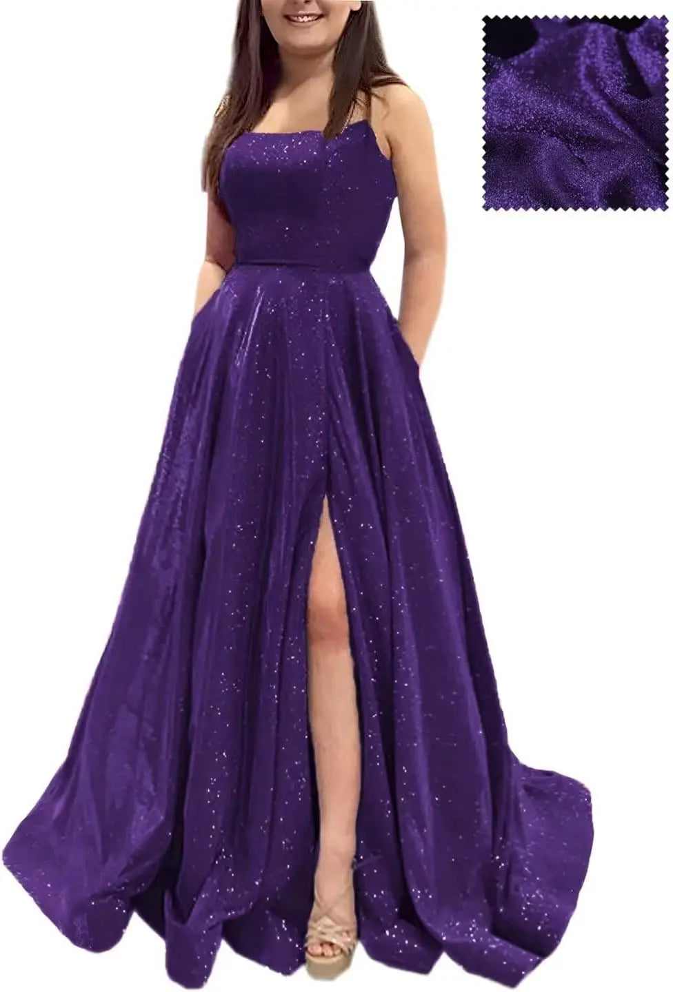 Elegant A-Line Formal Evening Gown with Pockets and Glitter - Fashionpara