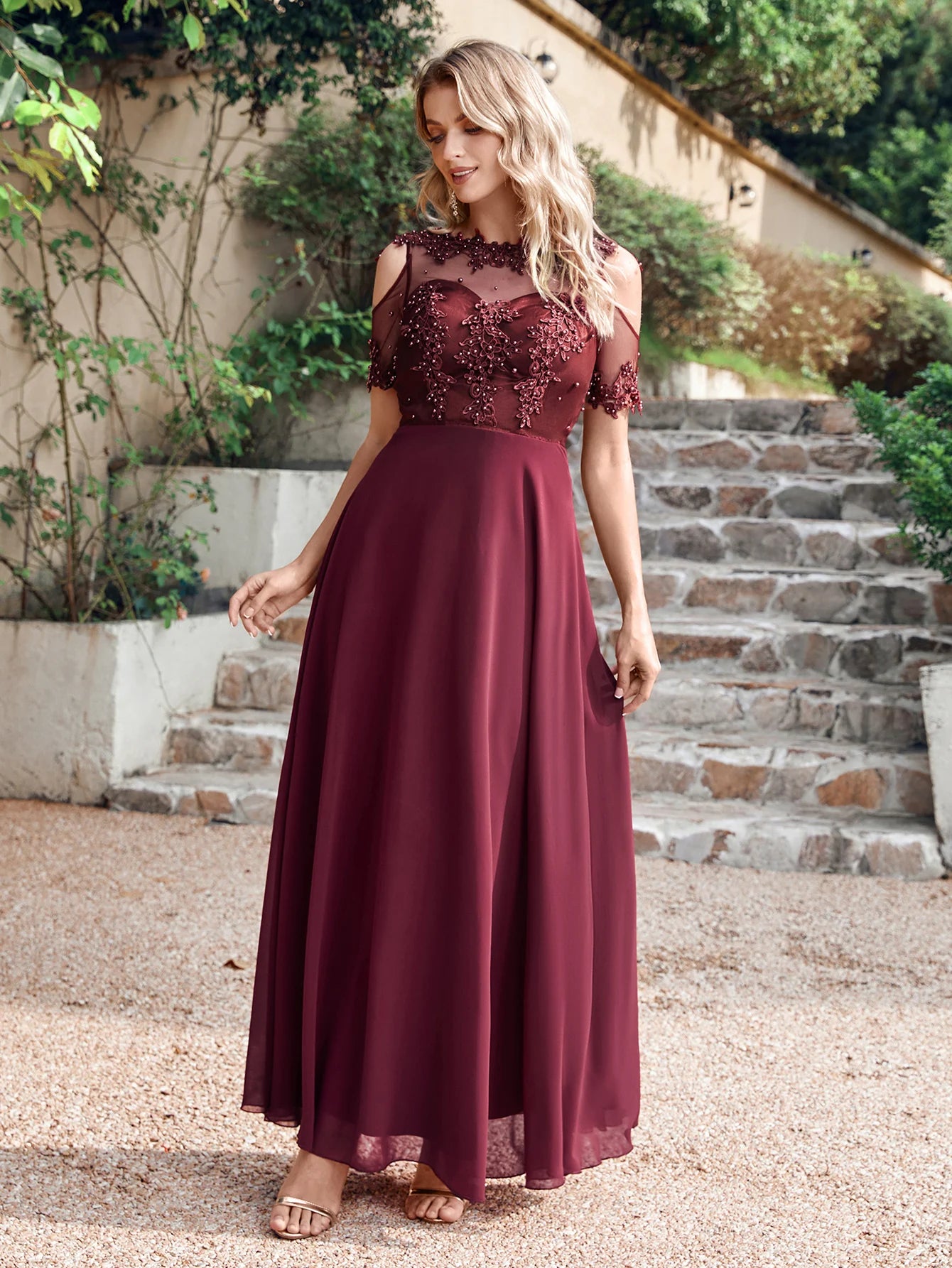 Burgundy A-Line Evening Dress with Illusion Lace Detail - Fashionpara