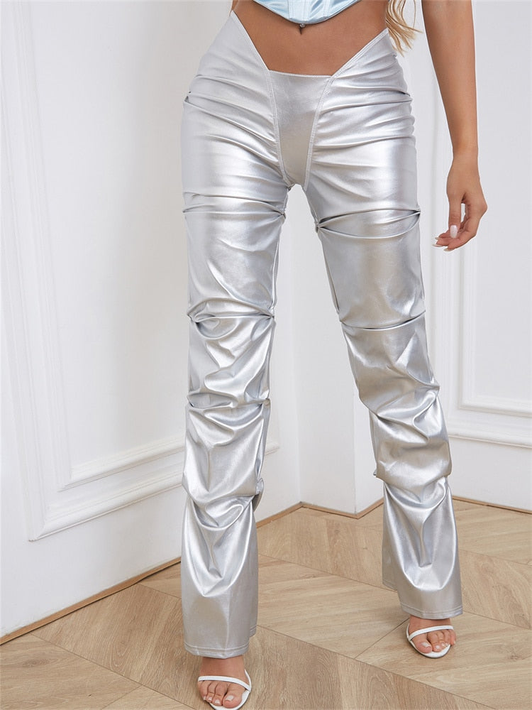 Gianny Shiny Faux Leather Pleated Pants