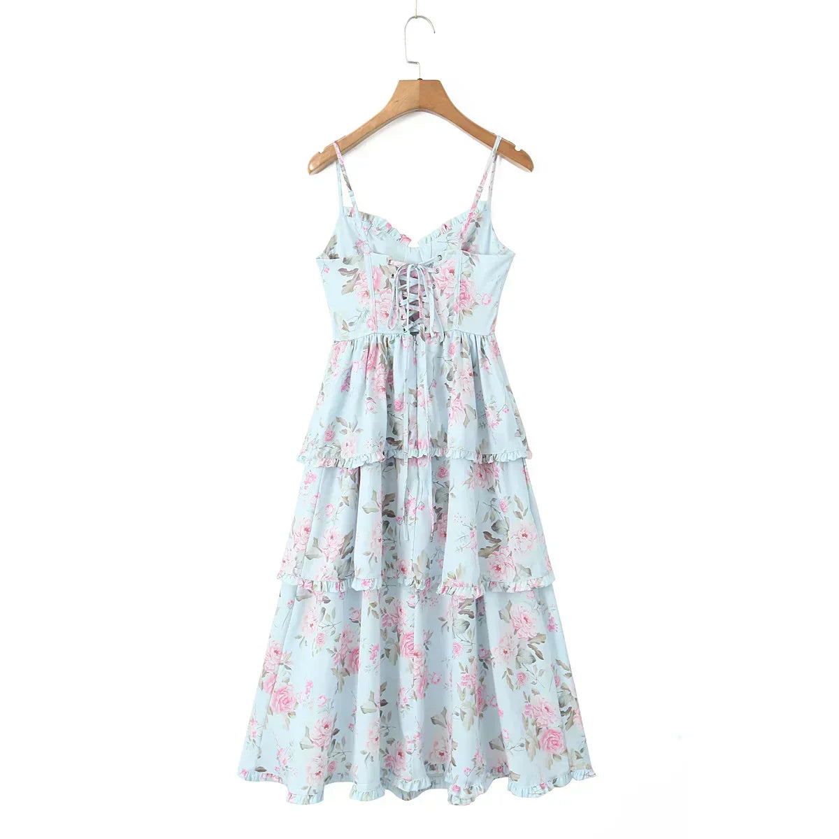 Floral Corset Sweetheart Tiered Ruffle High Low Midi Dress - View 5