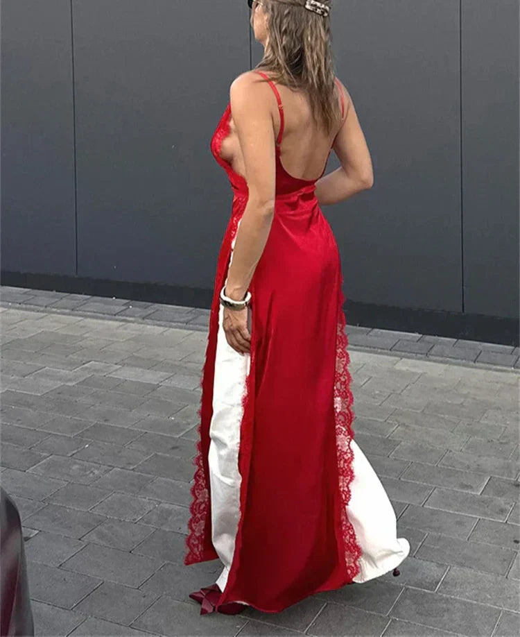 Lace Satin Patchwork High Split Maxi Dress - View 4