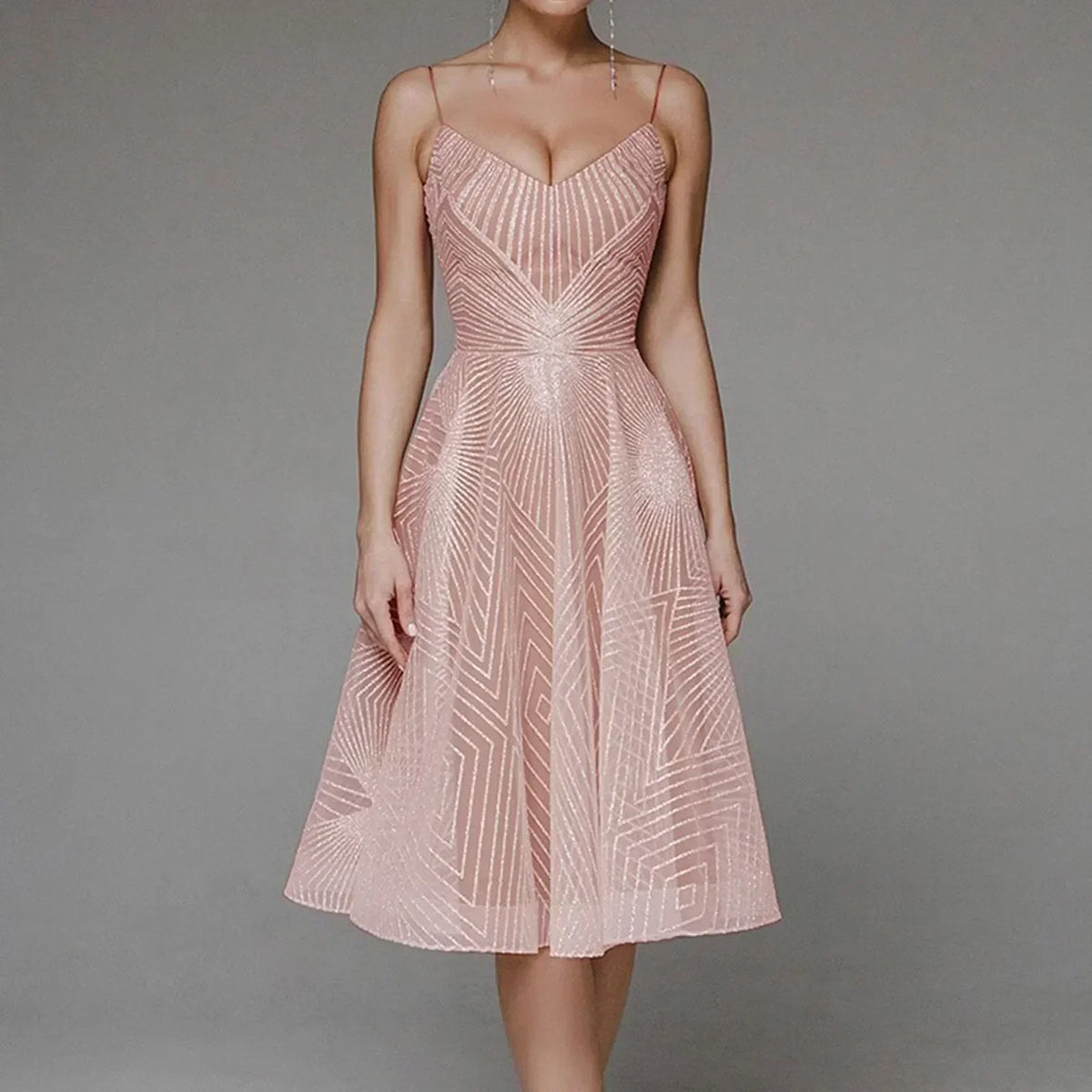 Mesh Overlay Spaghetti Strap Deep V-Neck Geometric Midi Dress - View 6