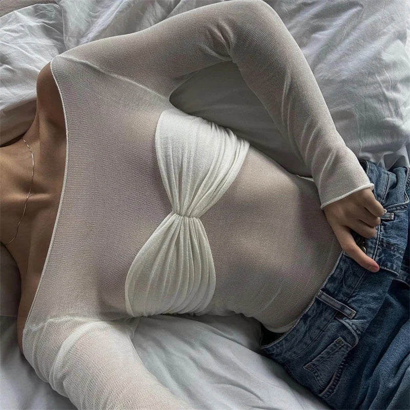 Twist Knit Lace Mesh Sheer Top