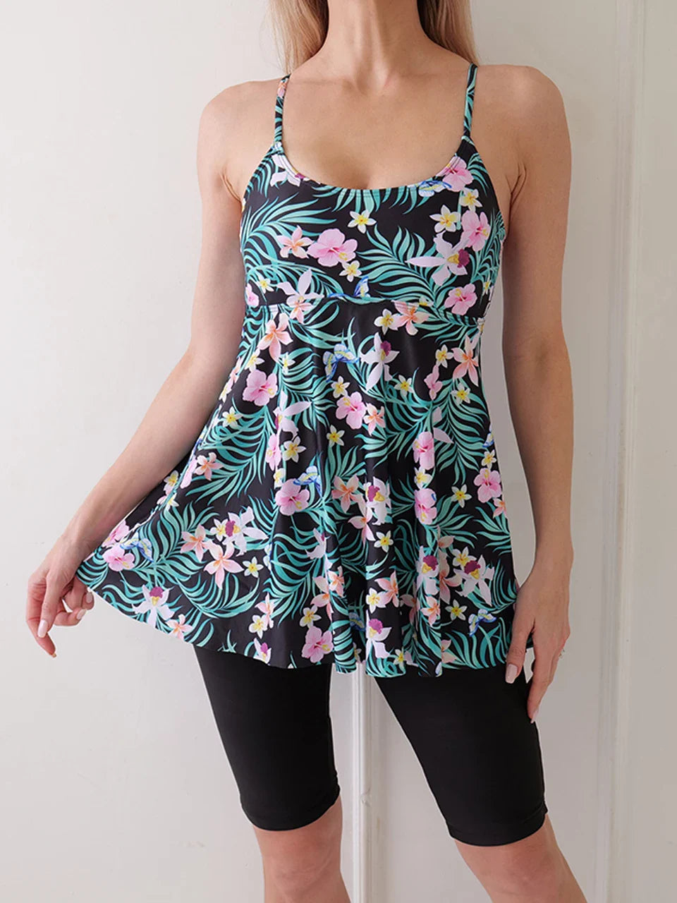 Printed Knee Shorts Tankini Two Piece Set