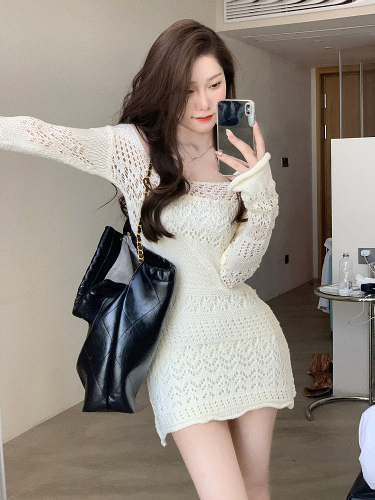 Pointelle Knit Off Shoulder Bodycon Mini Dress