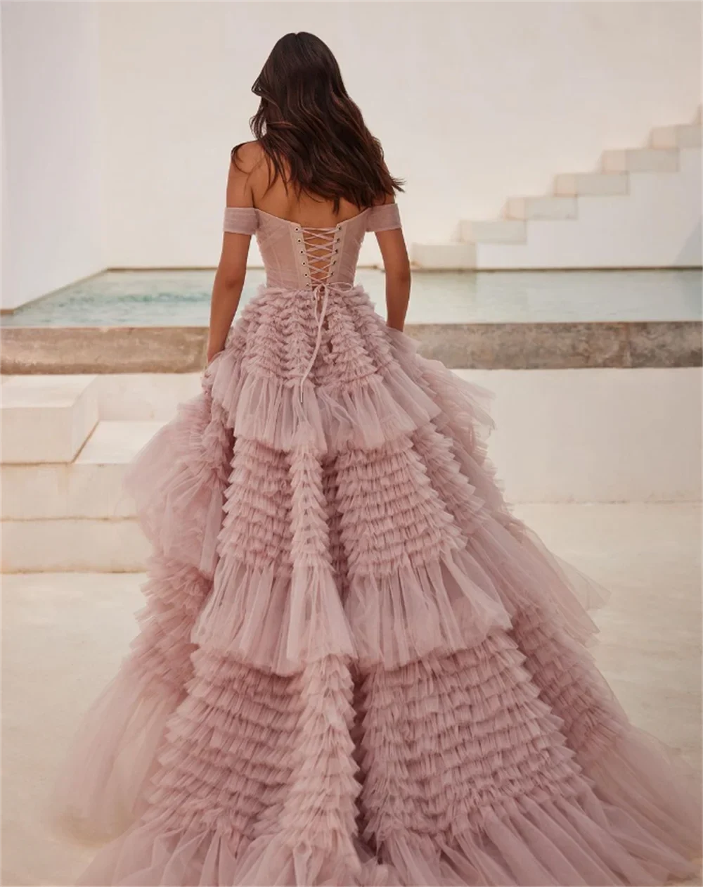 Tulle Off Shoulder Tiered Ruffle Ball Gown 2