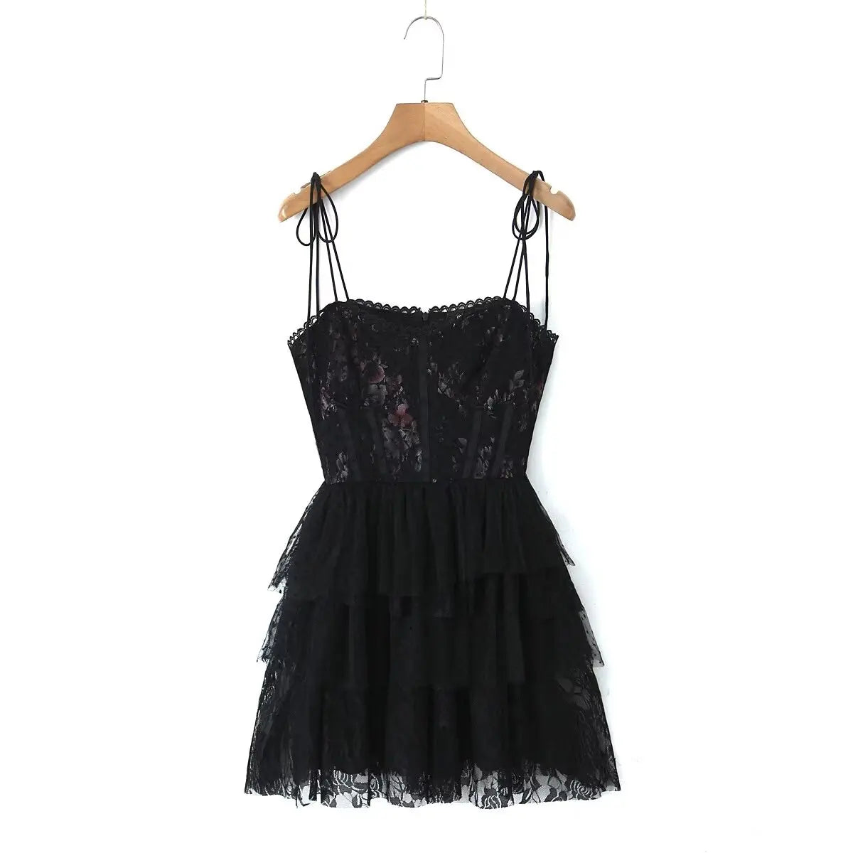 Mesh Bow Lacing up Black Mini Dress - View 4