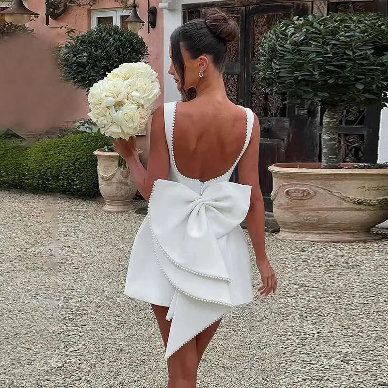 Pearl Bow Waist Wrap Backless Mini Dress - View 2