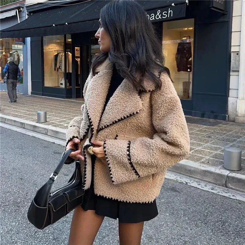 Contrast Stitch Trim Teddy Borg Jacket