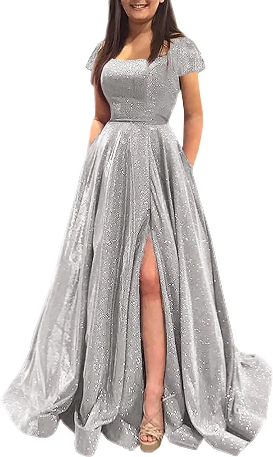 Elegant A-Line Formal Evening Gown with Pockets and Glitter - Fashionpara