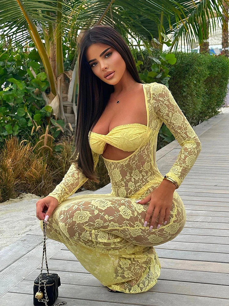 Perspective Lace Hollow Out Bodycon Maxi Dress - View 3