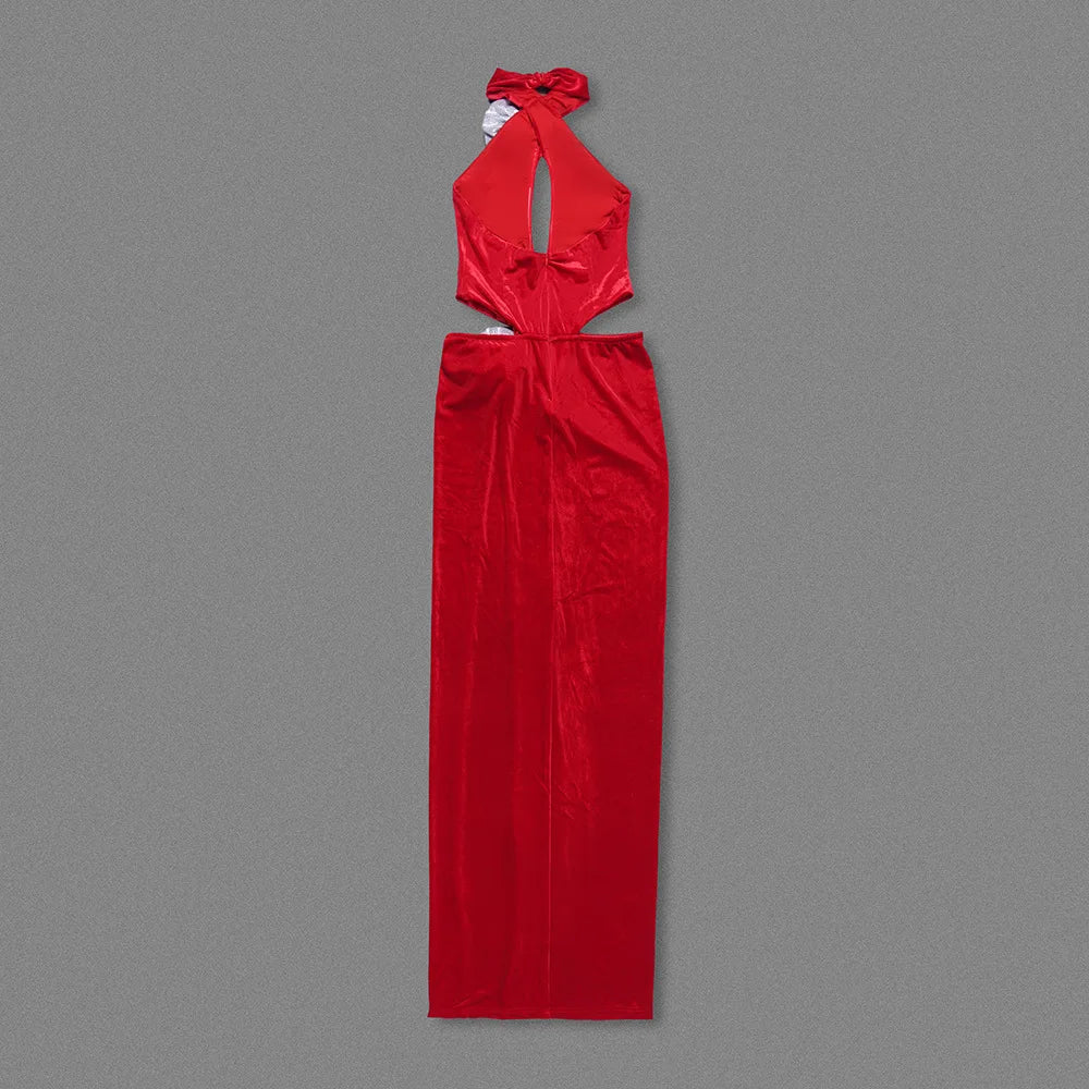 Velvet Halter Neck Cut Out 3D Flower High Split Maxi Dress - View 3
