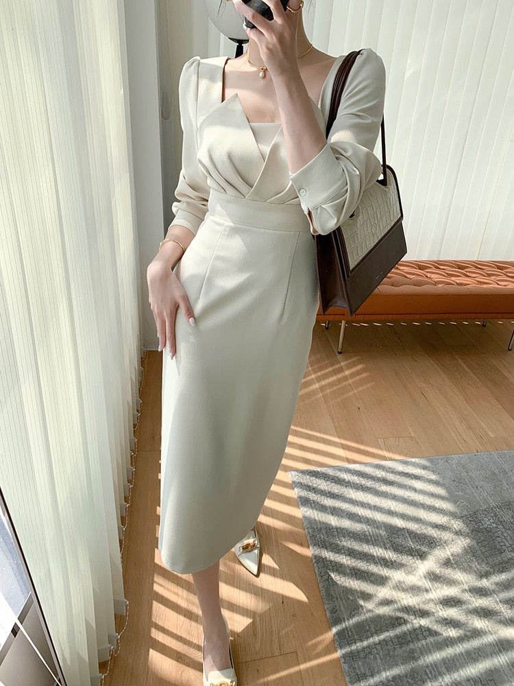 Satin Square Neck Long Sleeve Wrap Midi Dress - View 16
